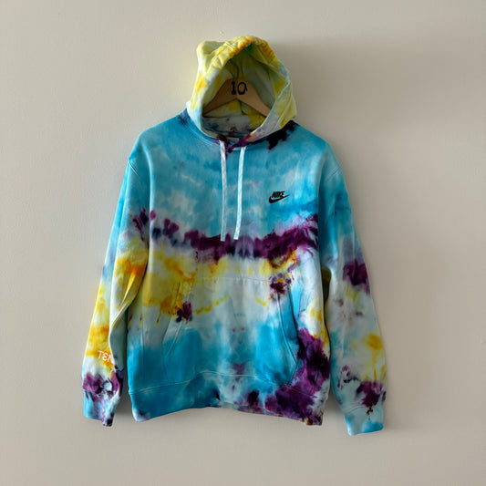 HAND DYED TIE DYE NIKE HOODIE | PURPLE TURQUOISE YELLOW | SIZE M